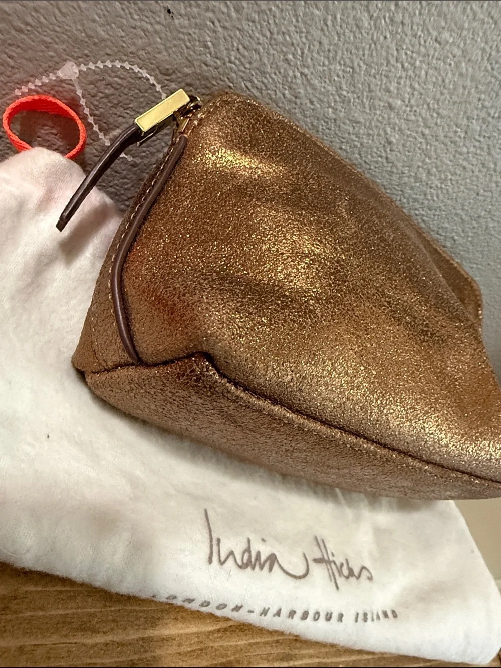 India Hicks Bronze Firefly Metallic Cosmetic Pouch w/ Dust Bag